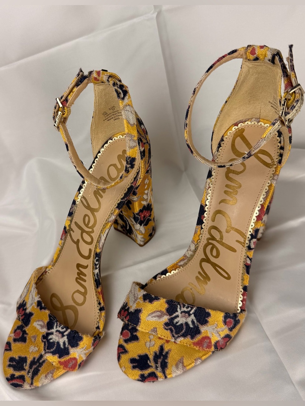 Sam Edelman Yellow Floral Block Heel Sandals with Navy Accents